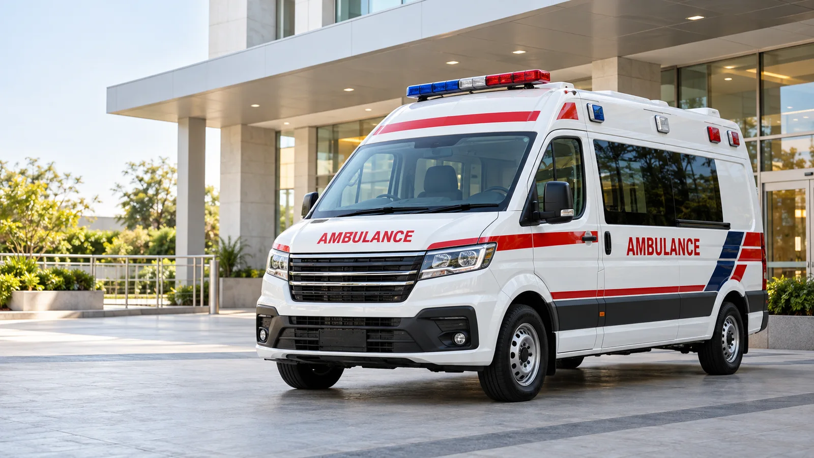 Illustrative ambulance outside a hospital